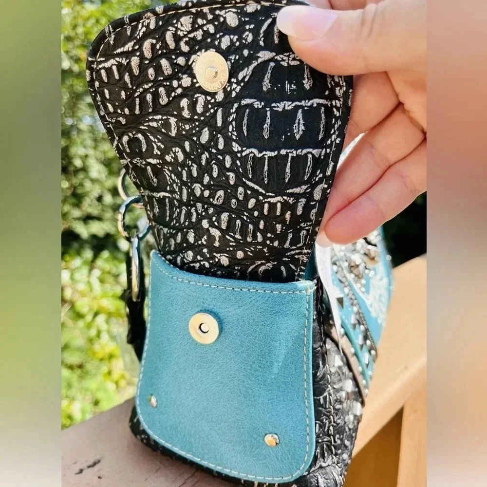 Turquoise Rhinestone Skull Concealed Carry Handbag and Wallet Set Handmade NWT - Picture 8 of 14